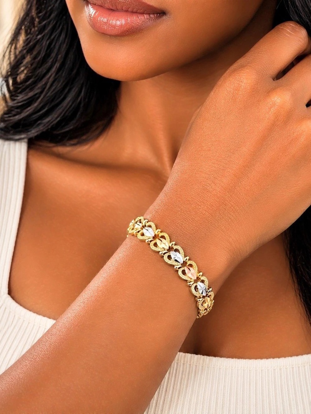 14K Gold Filled Tri-Color Heart Link Bracelet Women’s Elegant Jewelry. 8 Inches